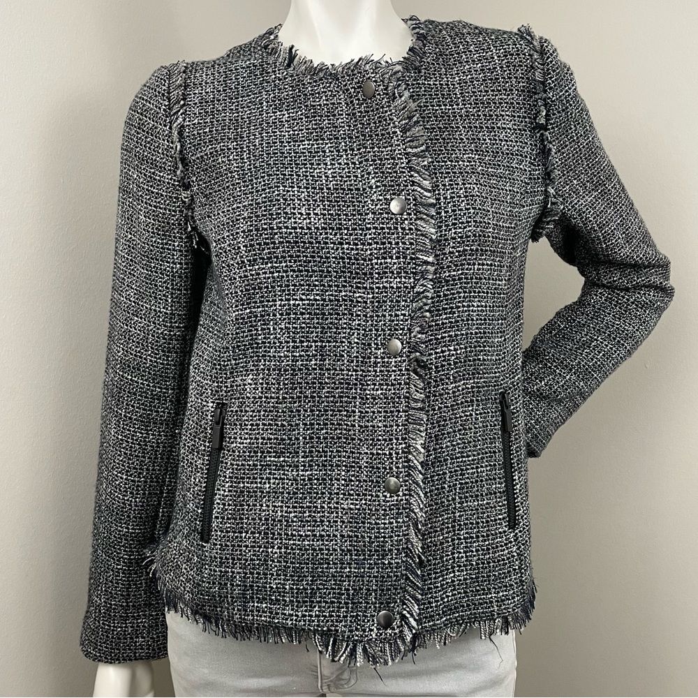 HALOGEN Black & Navy Tweed Fringe Blazer Jacket